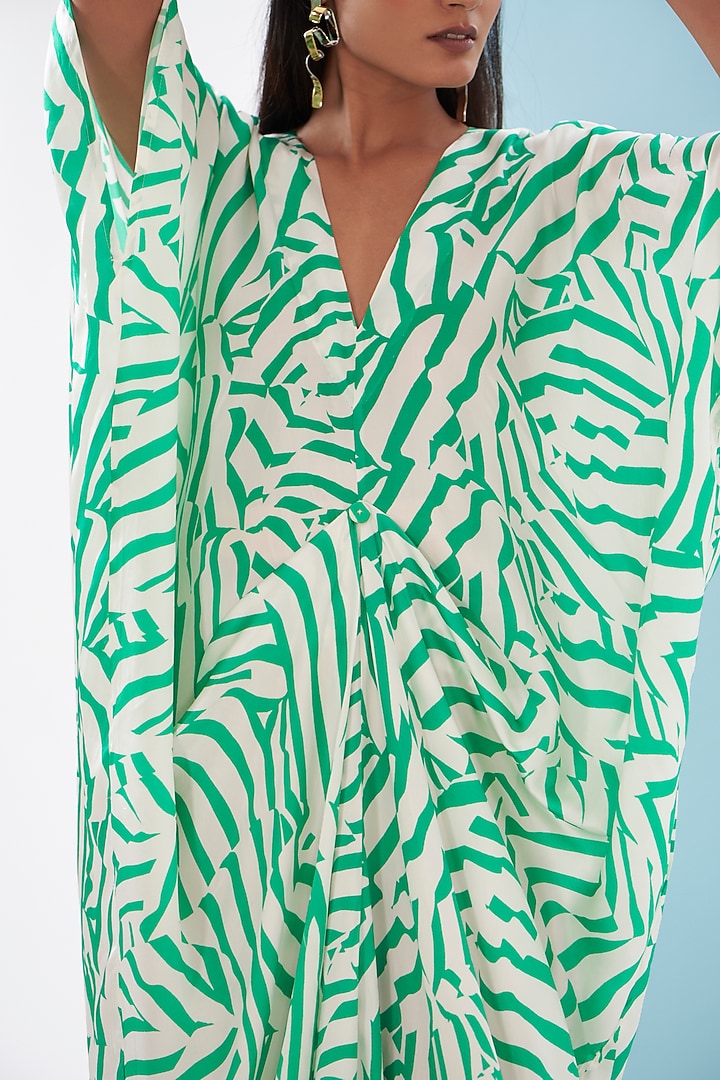 Green Bemberg Satin Printed Draped Vacation Dress by Inca at Pernia's Pop Up Shop