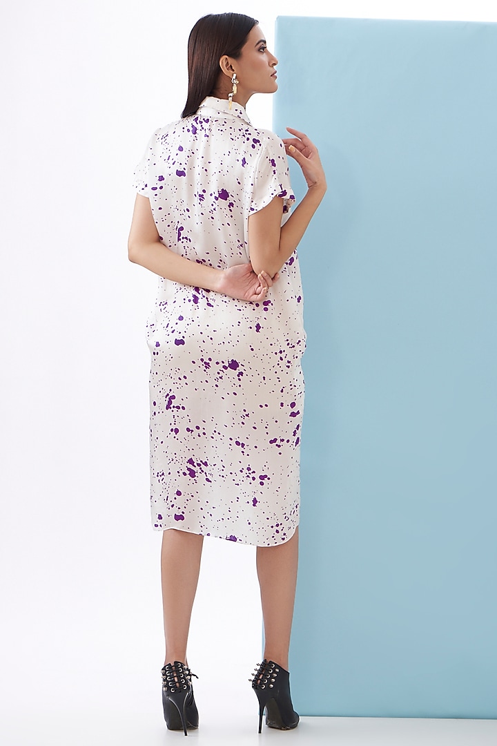 White Bemberg Satin Printed Pleated Vacation Shirt Dress by Inca at Pernia's Pop Up Shop
