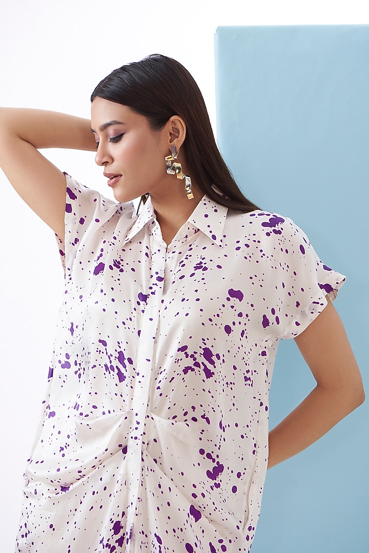 White Bemberg Satin Printed Pleated Vacation Shirt Dress by Inca at Pernia's Pop Up Shop