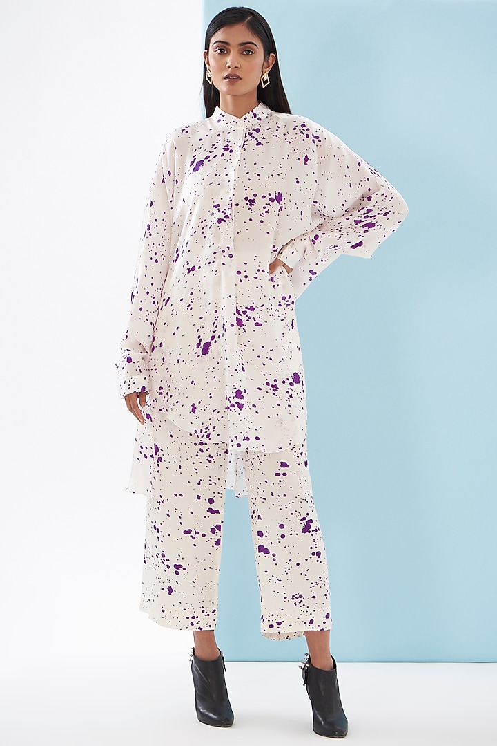 White Bemberg Satin & Linen Satin Printed Co-Ord Set by Inca at Pernia's Pop Up Shop
