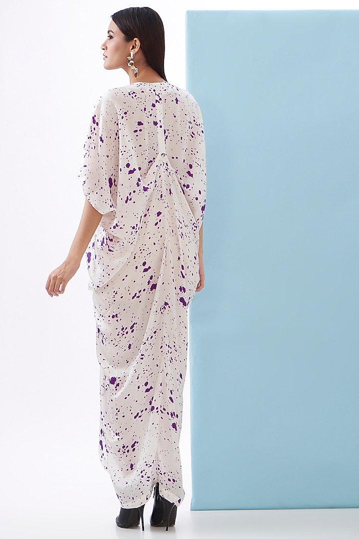 White Bemberg Satin Printed Draped Vacation Dress by Inca at Pernia's Pop Up Shop