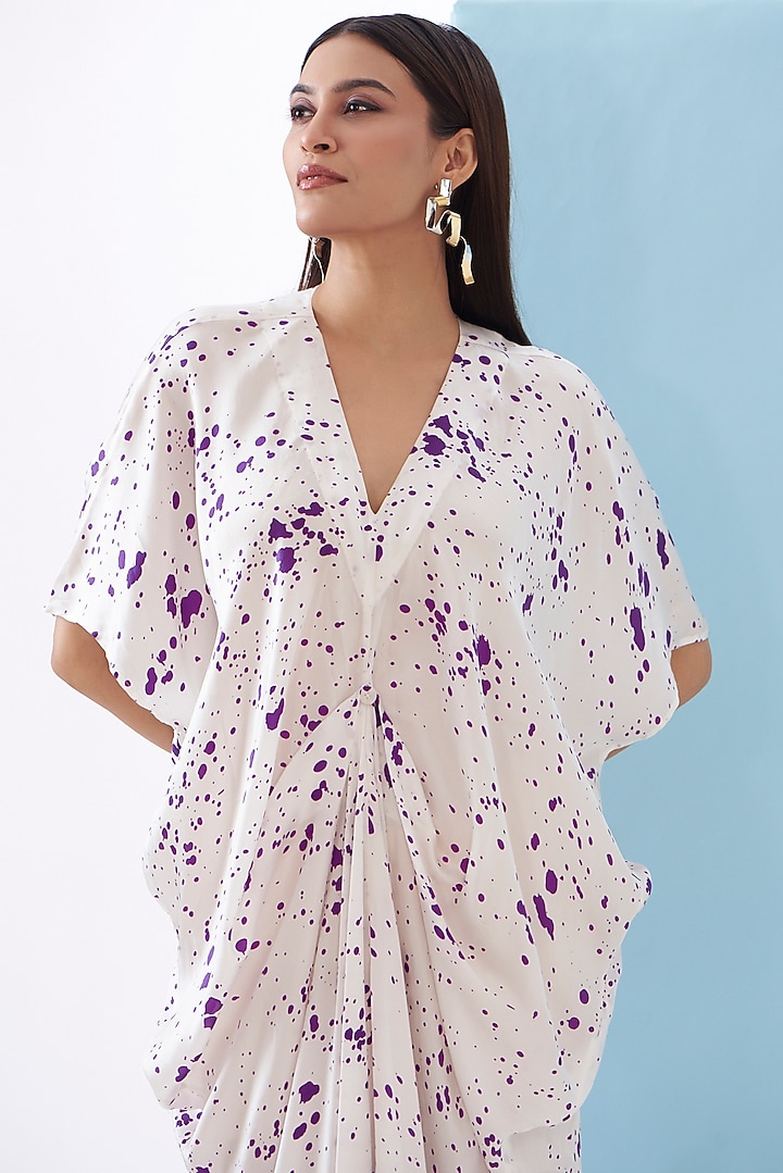 White Bemberg Satin Printed Draped Vacation Dress by Inca at Pernia's Pop Up Shop