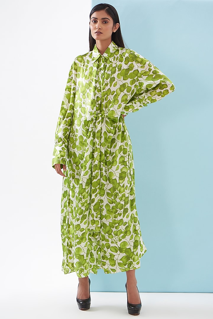 Green Bemberg Satin & Linen Satin Printed Co-Ord Set by Inca at Pernia's Pop Up Shop