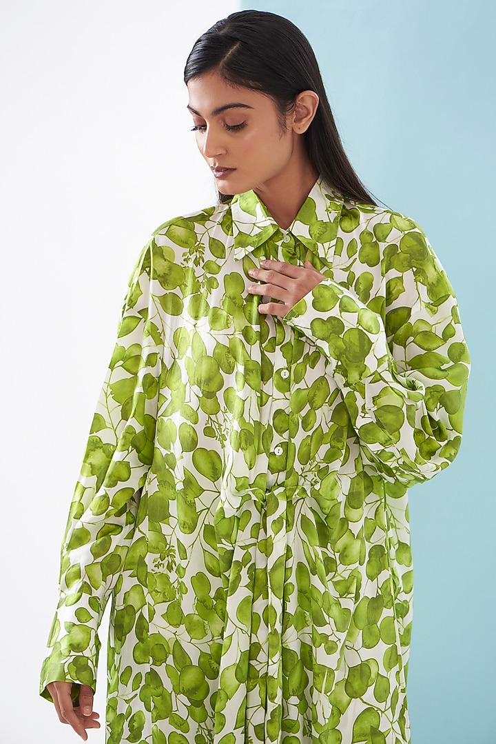 Green Bemberg Satin & Linen Satin Printed Co-Ord Set by Inca at Pernia's Pop Up Shop