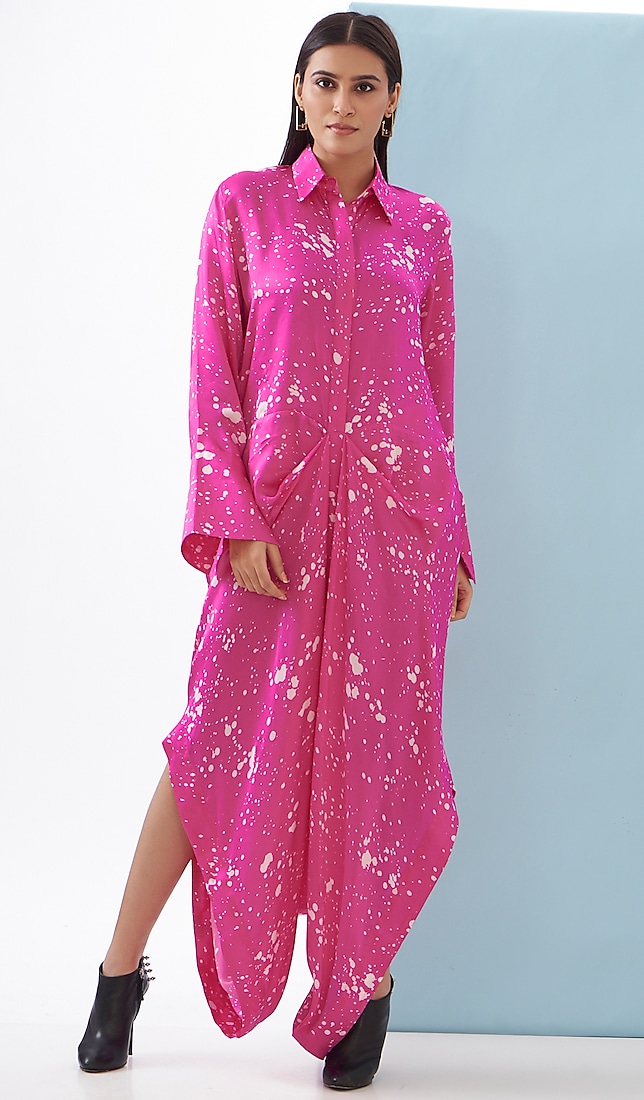 Pink Bemberg Satin Printed Draped Jumpsuit by Inca