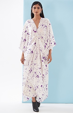 White Bemberg Satin & Linen Satin Printed Kaftan Set by Inca