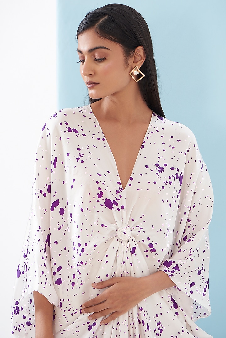 White Bemberg Satin & Linen Satin Printed Kaftan Set by Inca at Pernia's Pop Up Shop
