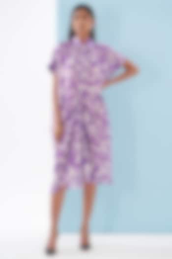 Purple Bemberg Satin Printed Pleated Shirt Dress by Inca