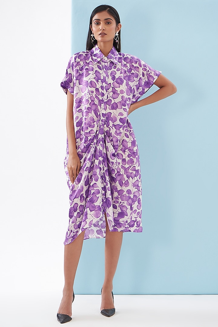 Purple Bemberg Satin Printed Pleated Shirt Dress by Inca