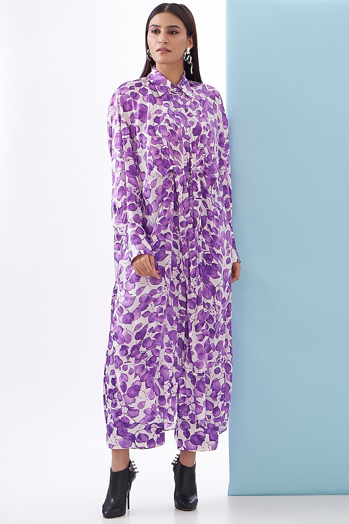 Purple Bemberg Satin & Linen Satin Printed Co-Ord Set by Inca at Pernia's Pop Up Shop