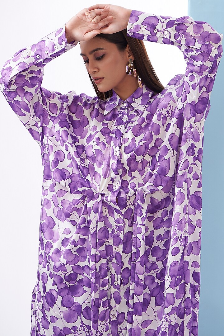 Purple Bemberg Satin & Linen Satin Printed Co-Ord Set by Inca at Pernia's Pop Up Shop
