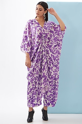 Purple Bemberg Satin & Linen Satin Printed Kaftan Set by Inca