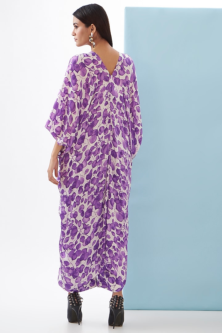 Purple Bemberg Satin & Linen Satin Printed Kaftan Set by Inca at Pernia's Pop Up Shop