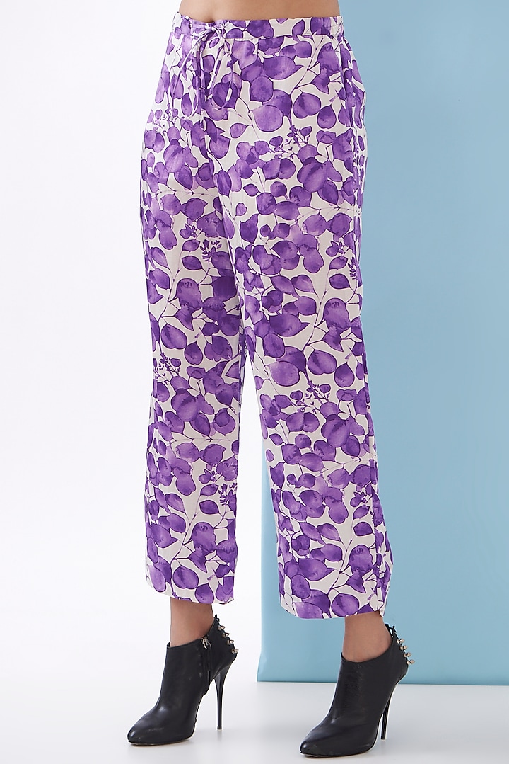 Purple Bemberg Satin & Linen Satin Printed Kaftan Set by Inca at Pernia's Pop Up Shop