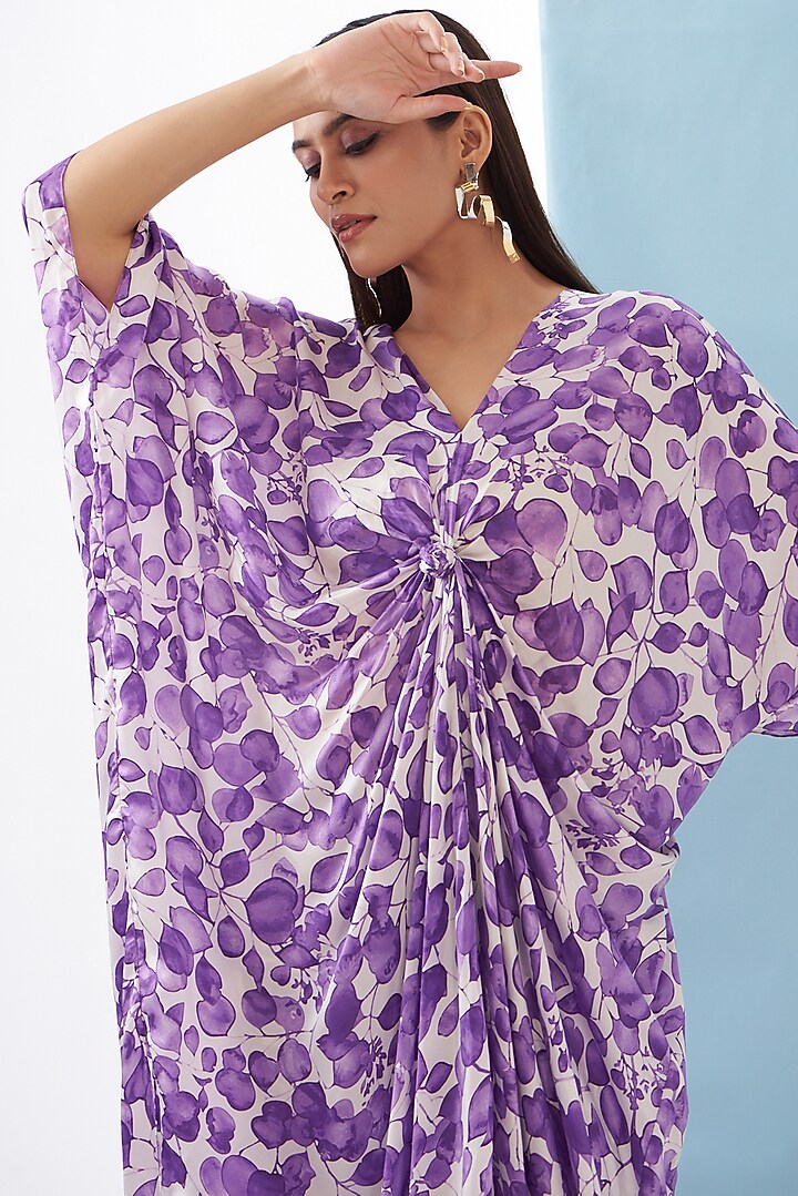 Purple Bemberg Satin & Linen Satin Printed Kaftan Set by Inca at Pernia's Pop Up Shop