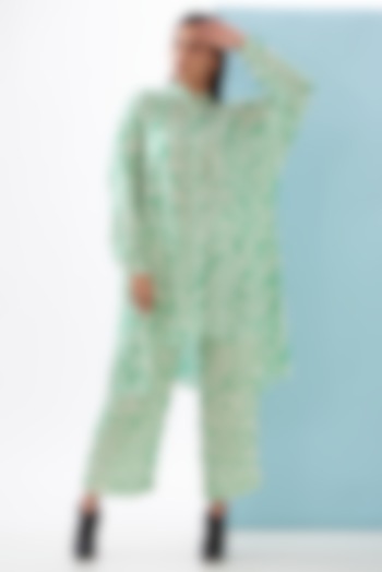 Green Bemberg Satin & Linen Satin Printed Co-Ord Set by Inca