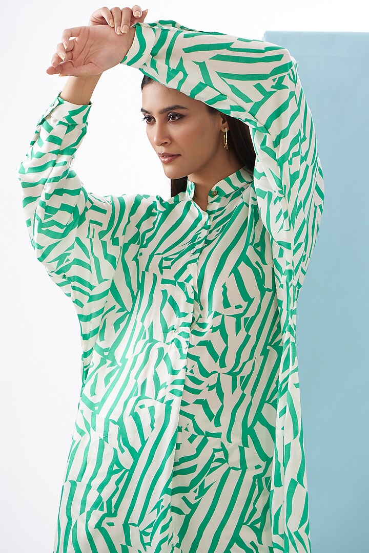 Green Bemberg Satin & Linen Satin Printed Co-Ord Set by Inca at Pernia's Pop Up Shop