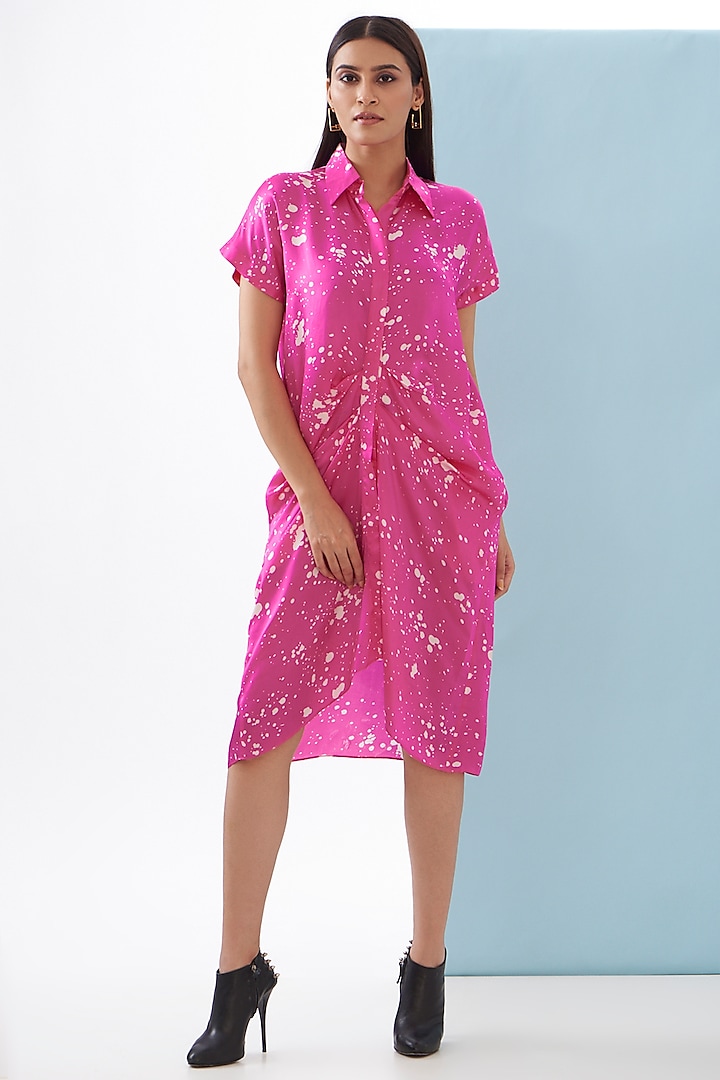 Pink Bemberg Satin Printed Pleated Shirt Dress by Inca