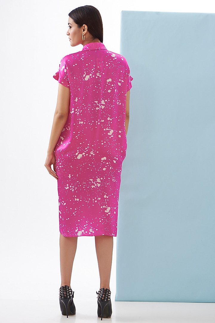 Pink Bemberg Satin Printed Pleated Vacation Shirt Dress by Inca at Pernia's Pop Up Shop