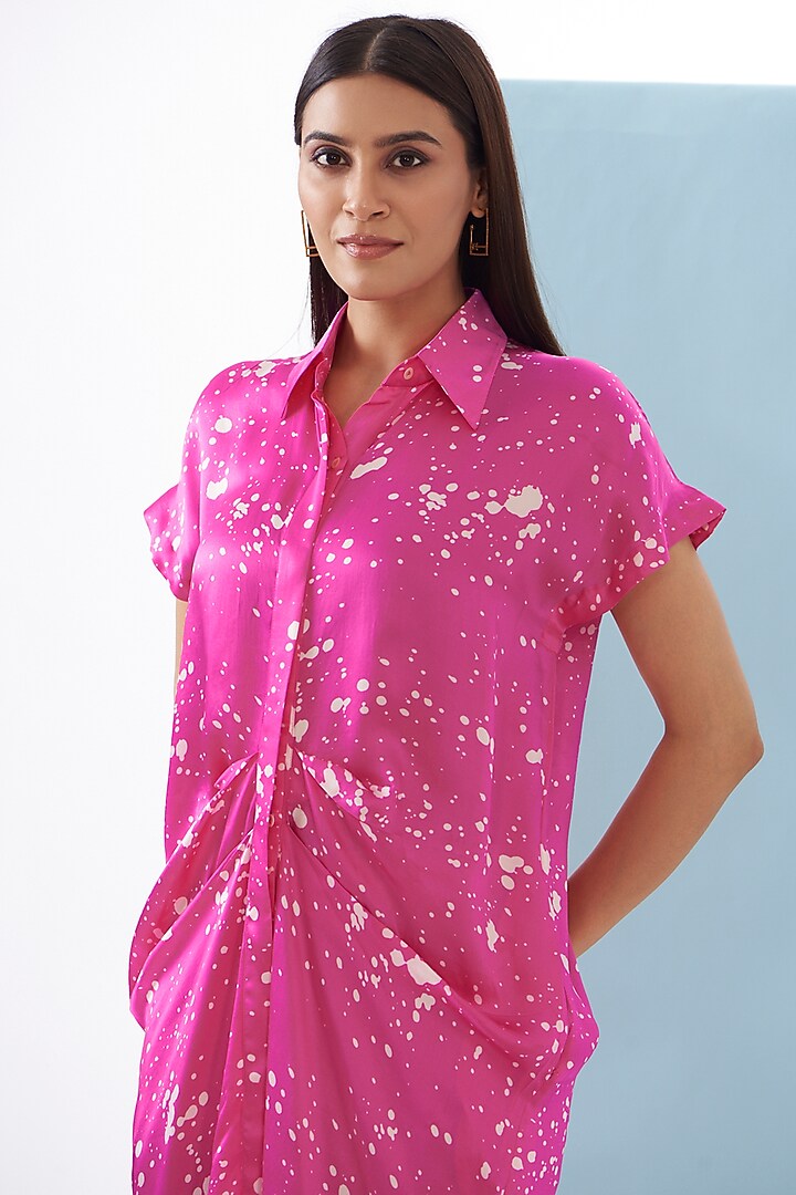 Pink Bemberg Satin Printed Pleated Vacation Shirt Dress by Inca at Pernia's Pop Up Shop
