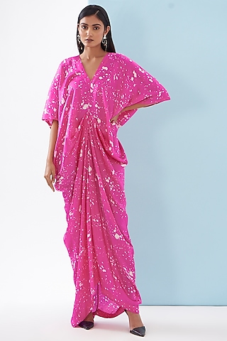 Pink Bemberg Satin Printed Draped Dress by Inca