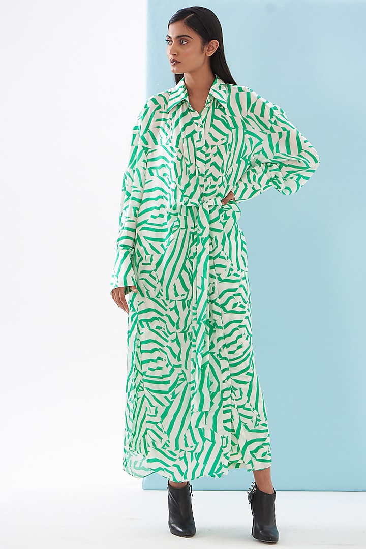 Green Bemberg Satin & Linen Satin Printed Co-Ord Set by Inca