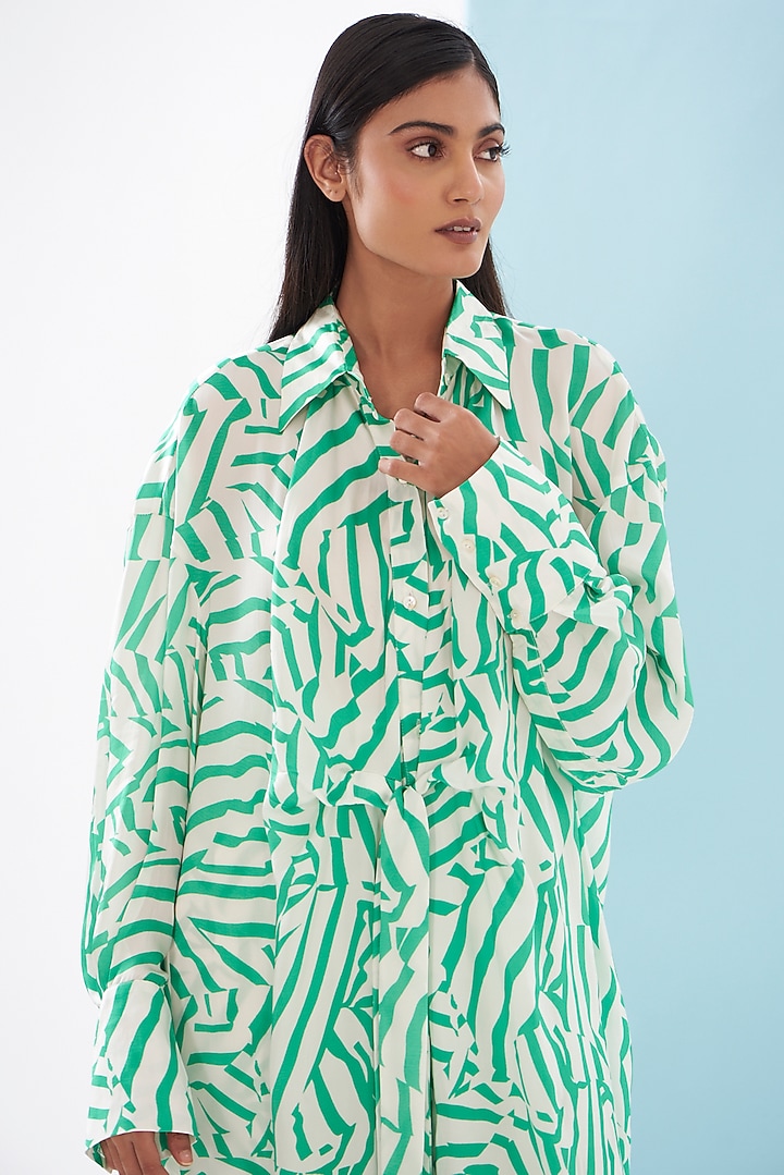 Green Bemberg Satin & Linen Satin Printed Co-Ord Set by Inca at Pernia's Pop Up Shop