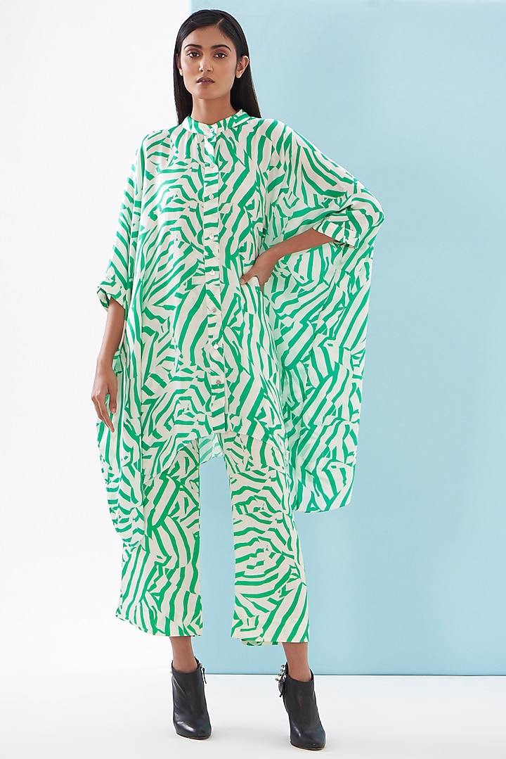 Green Bemberg Satin & Linen Satin Printed Co-Ord Set by Inca at Pernia's Pop Up Shop