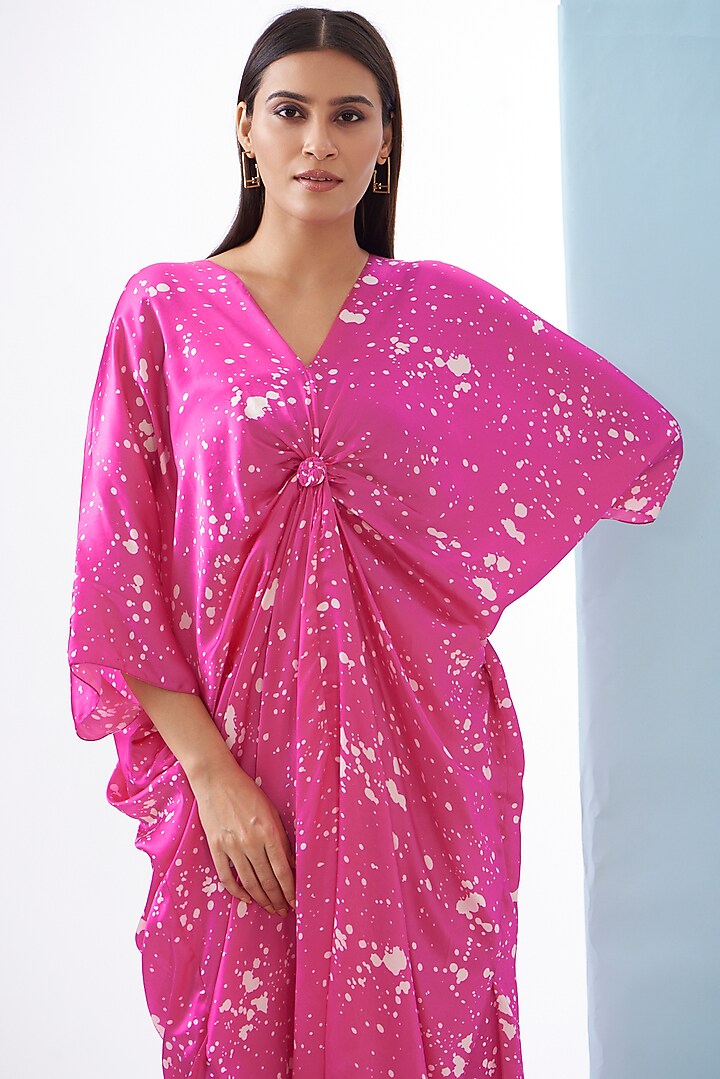 Pink Bemberg Satin & Linen Satin Printed Kaftan Set by Inca at Pernia's Pop Up Shop