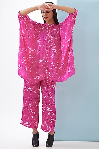 Pink Bemberg Satin & Linen Satin Printed Co-Ord Set by Inca