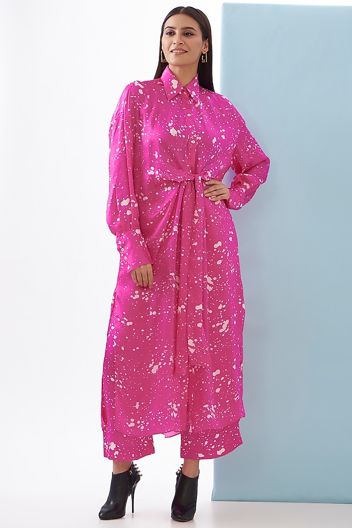 Pink Bemberg Satin & Linen Satin Printed Co-Ord Set by Inca at Pernia's Pop Up Shop