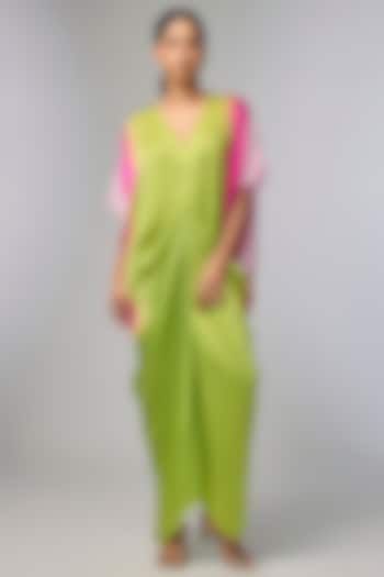 Green Bemberg Satin Shibori Printed Draped Vacation Dress by Inca at Pernia's Pop Up Shop