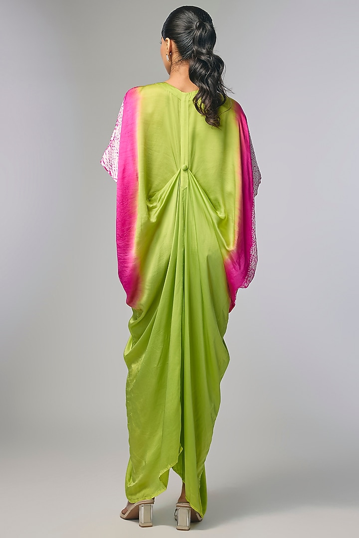 Green Bemberg Satin Shibori Printed Draped Vacation Dress by Inca at Pernia's Pop Up Shop
