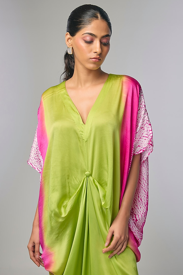 Green Bemberg Satin Shibori Printed Draped Vacation Dress by Inca at Pernia's Pop Up Shop