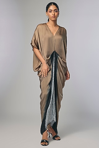 Grey Bemberg Satin Shibori Printed Draped Dress by Inca