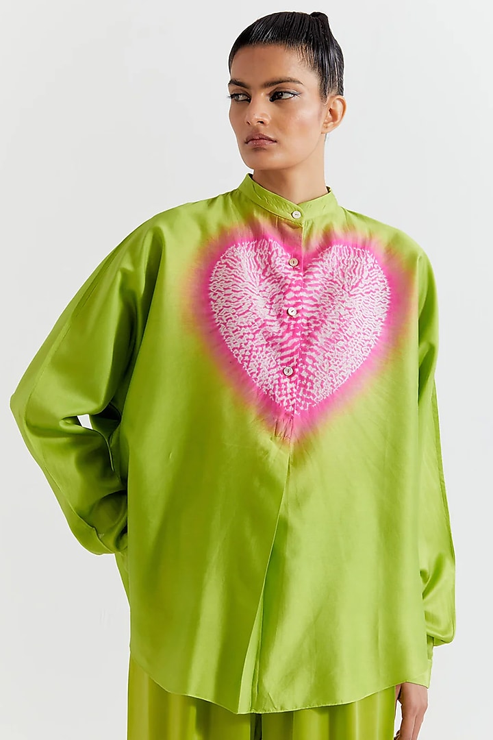 Green & Pink Chanderi Shirt by Inca at Pernia's Pop Up Shop