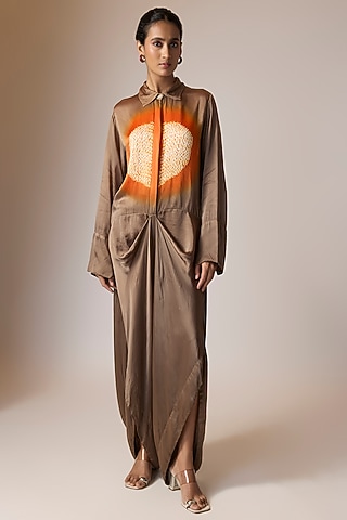 Grey Bemberg Satin Shibori Printed Draped Jumpsuit by Inca