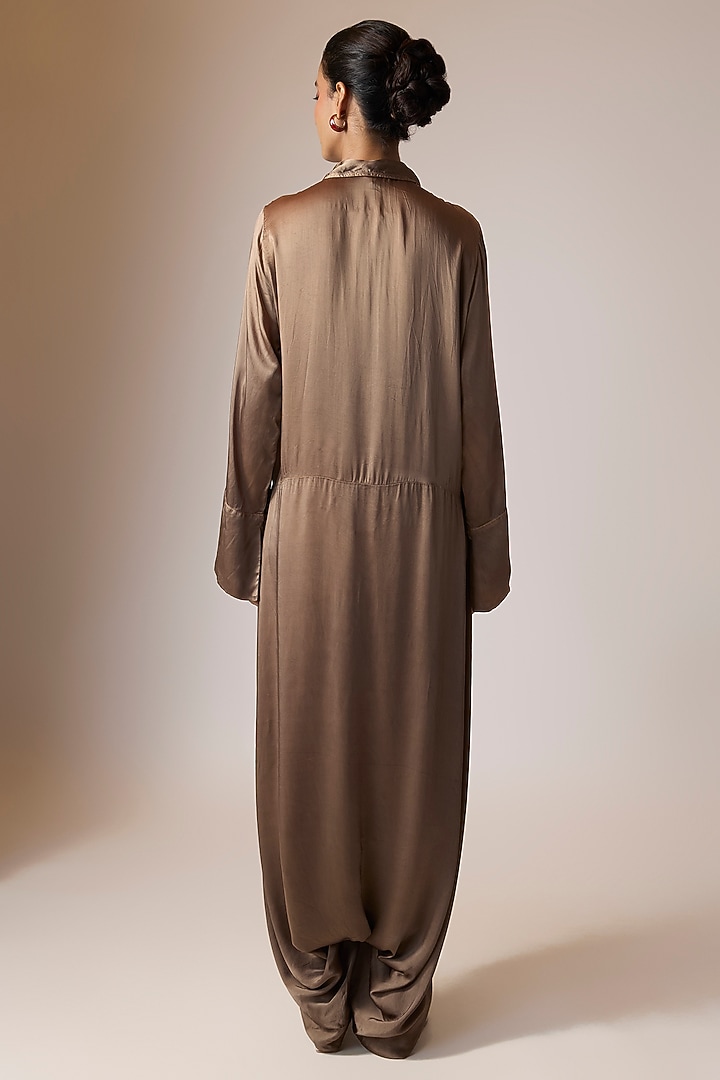 Grey Bemberg Satin Shibori Printed Draped Jumpsuit by Inca at Pernia's Pop Up Shop