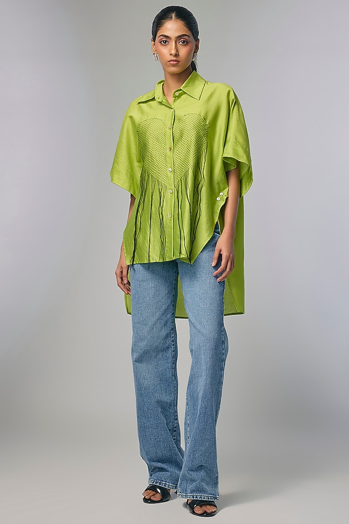 Green Chanderi Kantha Work Shirt by Inca at Pernia's Pop Up Shop