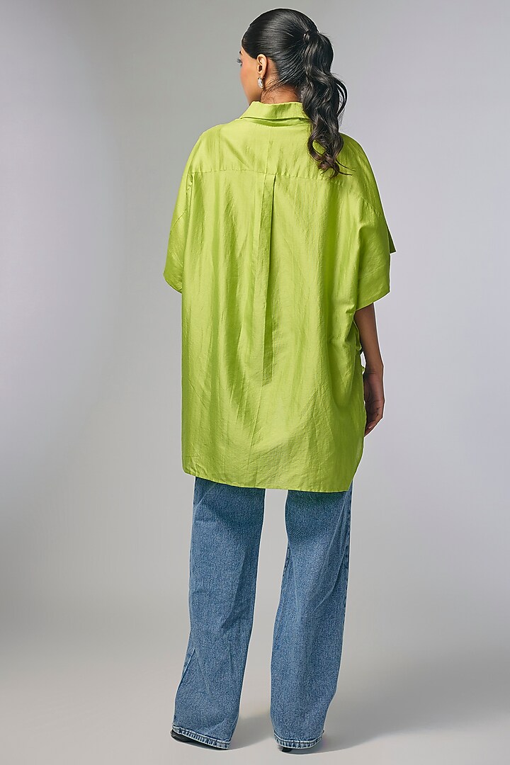 Green Chanderi Kantha Work Shirt by Inca at Pernia's Pop Up Shop