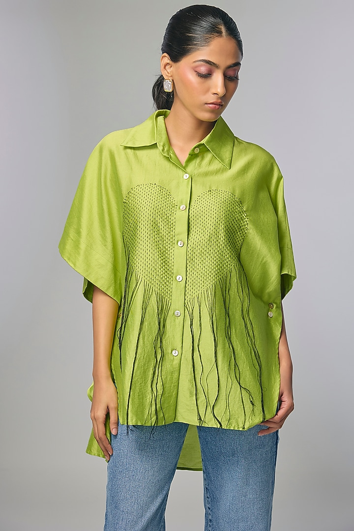 Green Chanderi Kantha Work Shirt by Inca at Pernia's Pop Up Shop