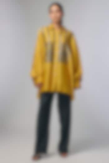 Yellow Chanderi Applique Work Shirt by Inca at Pernia's Pop Up Shop