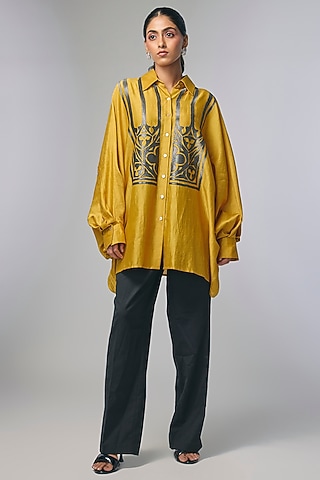 Yellow Chanderi Applique Work Shirt by Inca