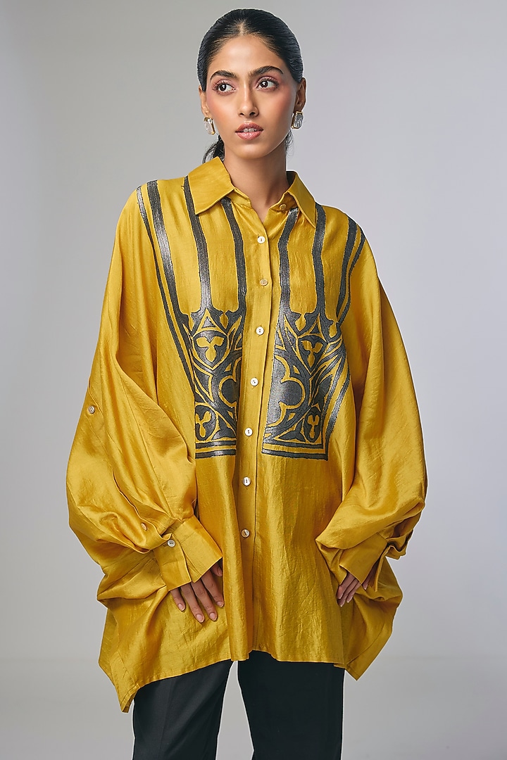 Yellow Chanderi Applique Work Shirt by Inca at Pernia's Pop Up Shop