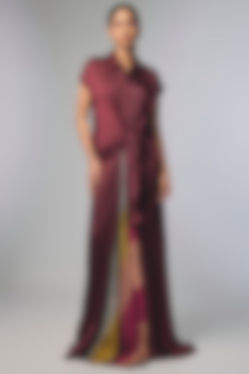 Maroon Bemberg Satin Paneled Saree Cocktail Dress by Inca at Pernia's Pop Up Shop