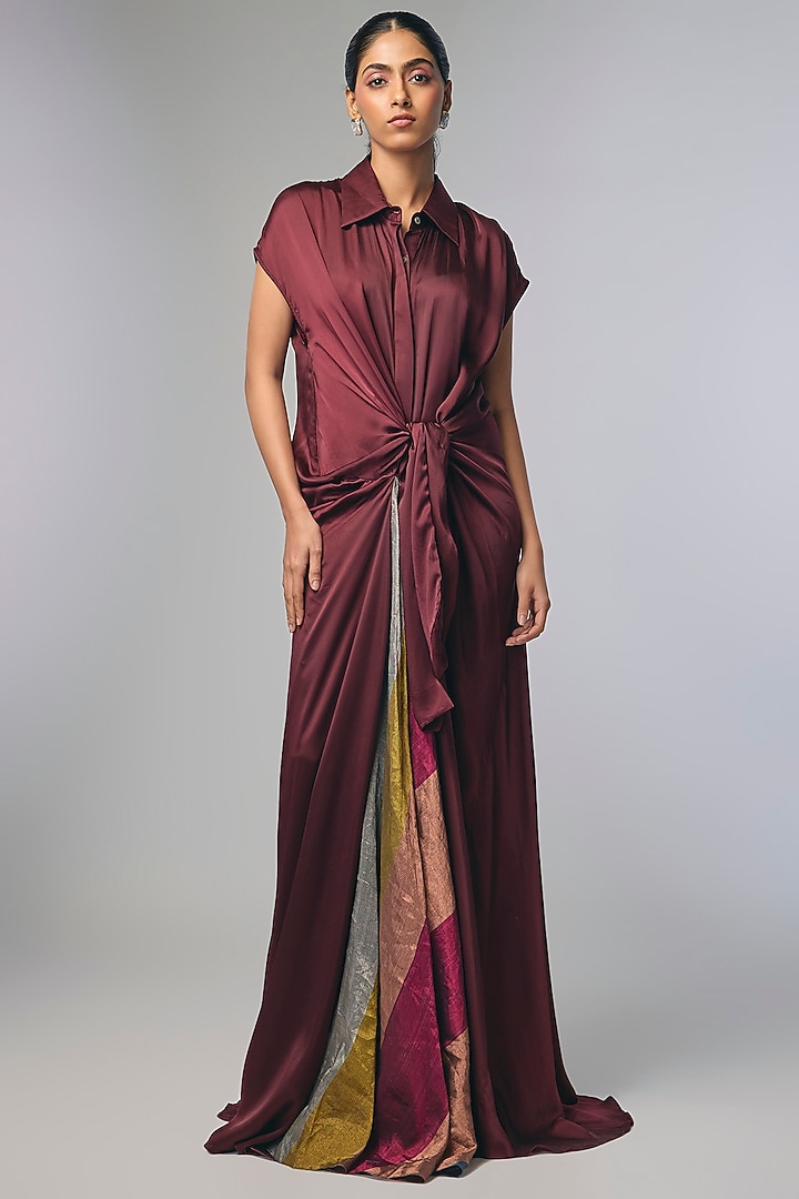 Maroon Bemberg Satin Paneled Saree Cocktail Dress by Inca at Pernia's Pop Up Shop