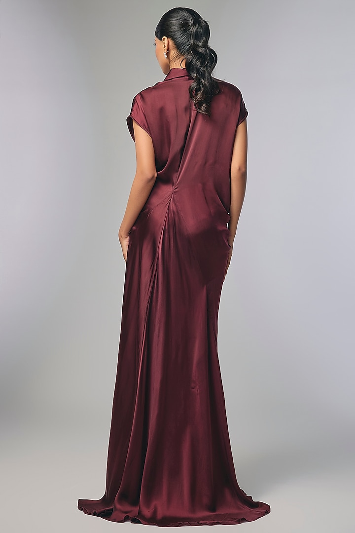 Maroon Bemberg Satin Paneled Saree Cocktail Dress by Inca at Pernia's Pop Up Shop