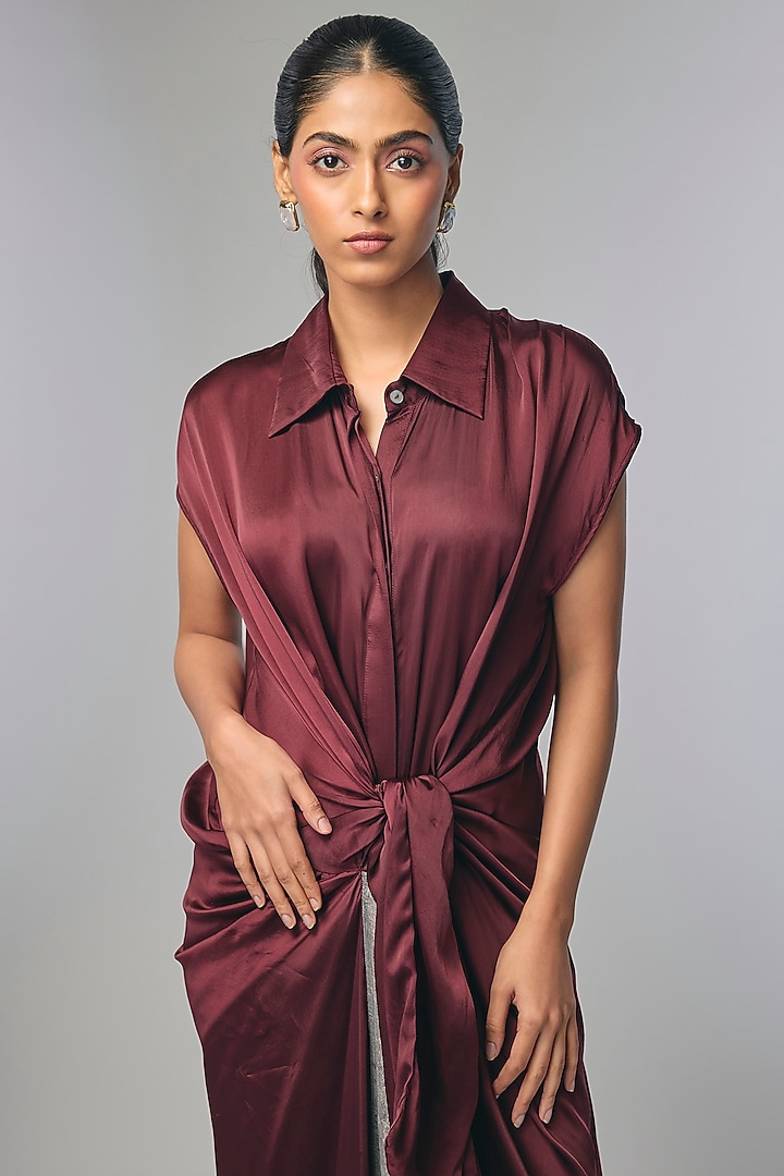Maroon Bemberg Satin Paneled Saree Cocktail Dress by Inca at Pernia's Pop Up Shop