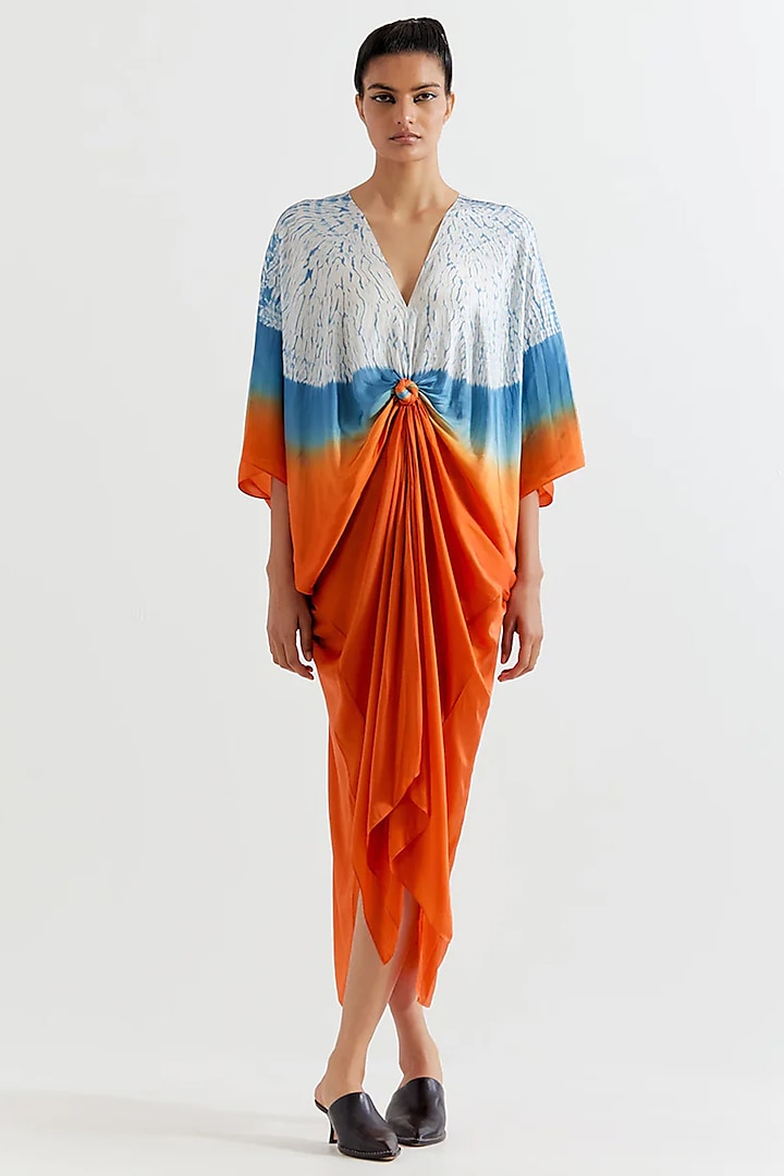 Orange & Blue Viscose Satin Vacation Dress by Inca at Pernia's Pop Up Shop