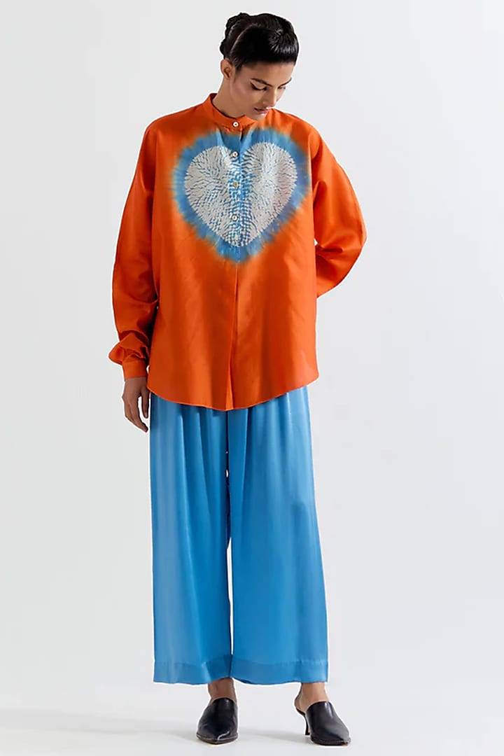 Orange & Blue Chanderi Shirt by Inca at Pernia's Pop Up Shop